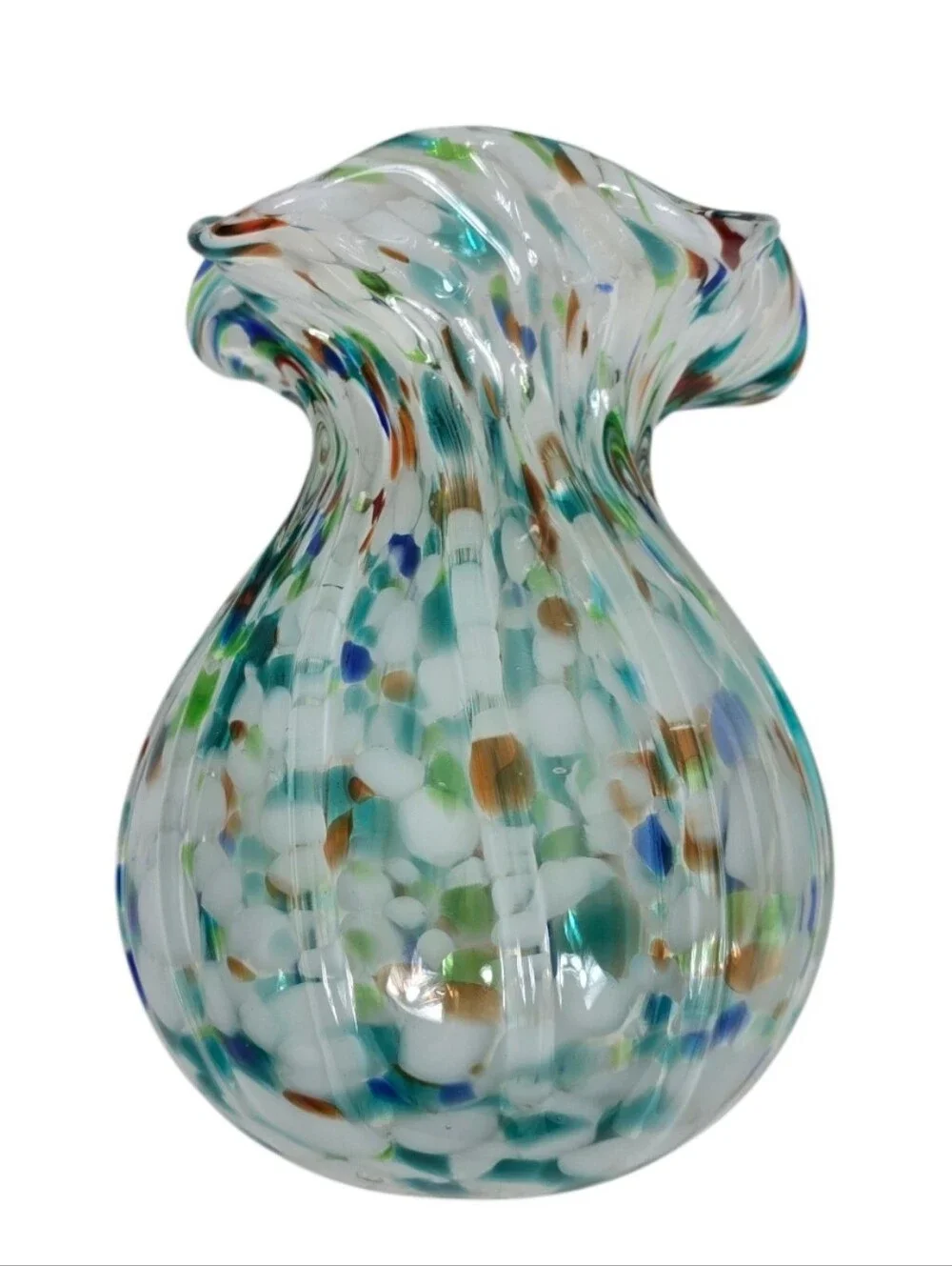 Hand Blown Art Glass Vase Ruffled Rim Confetti Frit Aqua Blue White 7.5